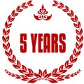 5 YEARS red laurels badge.