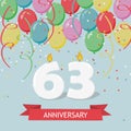 61 years selebration. Happy Birthday greeting card with candles, confetti and balloons Royalty Free Stock Photo