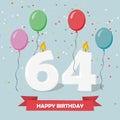 64 years selebration. Happy Birthday greeting card with candles, confetti and balloons Royalty Free Stock Photo