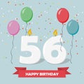 56 years selebration. Happy Birthday greeting card with candles, confetti and balloons Royalty Free Stock Photo