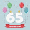 65 years selebration. Happy Birthday greeting card with candles, confetti and balloons Royalty Free Stock Photo