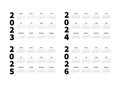 2023, 2024, 2025, 2026 years simple horizontal calendars set in french language, typographic calendars on white Royalty Free Stock Photo