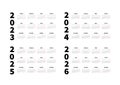 2023, 2024, 2025, 2026 years simple horizontal calendars set in russian language, typographic calendars on white