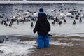 2 years toddler feeding wild birds on the lake