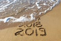 2019, 2018 and 2017 years written on sandy beach sea. Royalty Free Stock Photo