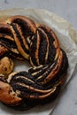 Estonian Kringle. Brioche with poppy and chocolate. Wreath. Baking, national pastries. Babka. Royalty Free Stock Photo