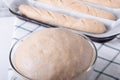 Yeast dough in a glass bowl and formed into raw baguettes ready to be baked