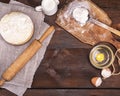 Yeast dough in a wooden bowl, top view Royalty Free Stock Photo