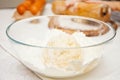 Yeast fresh raw dough in a transparent bowl Royalty Free Stock Photo