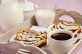 Yeast roll with chocolate and poppy seed with tea and milk. Royalty Free Stock Photo