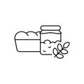 Yeast starter for wheat bread. Linear icon of sourdough in jar, loaf of bread, ear of grain. Black illustration of homemade