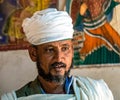 Yeha, Ethiopia - Feb 10, 2020: an orthodox priest at the Great Temple of the Moon