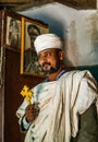 Yeha, Ethiopia - Feb 10, 2020: an orthodox priest at the Great Temple of the Moon