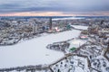 Yekaterinburg aerial panoramic view at Winter in beautiful cloudy sunset. Ekaterinburg is the fourth largest city in Russia Royalty Free Stock Photo