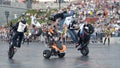 Yekaterinburg, Russia-August, 2019: ATV rider at motor show. Action. Professional man rides around on quad bike