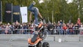 Yekaterinburg, Russia-August, 2019: Man on Quad bike performs tricks. Action. Professional stunt rider on Quad bike