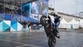 Yekaterinburg, Russia-August, 2019: Professional motorcyclist performs stunts. Action. Beautiful performance of