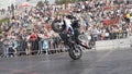 Yekaterinburg, Russia-August, 2019: Professional motorcyclist performs tricks on motorcycle. Action. Rider shows