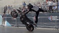 Yekaterinburg, Russia-August, 2019: Professional motorcyclist performs tricks on motorcycle. Action. Rider shows