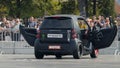 Yekaterinburg, Russia-August, 2019: Racer drifts on mini car. Action. Man spinning in car at motorcycle festival