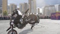 Yekaterinburg, Russia-August, 2019: Two motorcyclists at freestyle show. Action. Pair performance of motorcyclists at