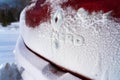 Yekaterinburg, Russia - January 2020. The back of a red Renault Sandero 2 car is covered in snow. Extreme travel on the snowy Royalty Free Stock Photo