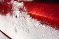 Yekaterinburg, Russia - January 2020. The back of a red Renault Sandero 2 car is covered in snow. Extreme travel on the snowy Royalty Free Stock Photo
