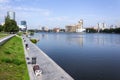 Yekaterinburg. View of the city pond and embankment on a sunny summer day