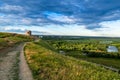 Yelabuga, Republic of Tatarstan, Russia - June 25, 2019: The tower of an ancient Bulgarian fortress on a high cliff on the banks o