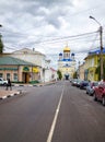 Yelets City. Street Kommunarov and Voznesensky cathedral. Royalty Free Stock Photo