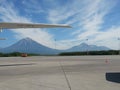 View of the `home` volcanoes from the airfield airfield in Yelizovo in Kamchatka