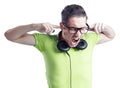 Yelling young man with headphones and black glasses Royalty Free Stock Photo
