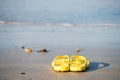 Yelllow rubber slippers shoe on beach Royalty Free Stock Photo