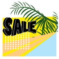 Yellow abstract background with palm tree. Summer Sale banner template design. Big sale special offer. Tropical Summer Special Royalty Free Stock Photo