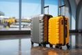 Yellow accents adorn a stylish gray suitcase in the busy airport