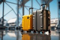 Yellow accents adorn a stylish gray suitcase in the busy airport