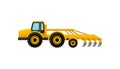 Yellow agricultural vehicle with plow. Large farming machinery for fieldwork. Plowing equipment. Flat vector design