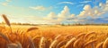 Yellow agriculture field with ripe wheat and blue sky with clouds over it. Royalty Free Stock Photo