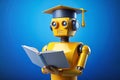 Yellow AI robot in graduation cap and opened book, blue background Royalty Free Stock Photo