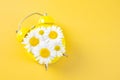 Yellow alarm clock with daisies instead of a dial. Royalty Free Stock Photo