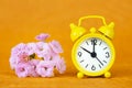 Yellow alarm clock and flowers on orange background in spring Royalty Free Stock Photo