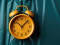A yellow alarm clock on a green background, AI Royalty Free Stock Photo