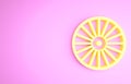 Yellow Alloy wheel for a car icon isolated on pink background. Minimalism concept. 3d illustration 3D render