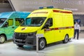 Yellow ambulance based on the GAZelle NN van at the stand of the GAZ automobile company. Comtrans 2021 show. Moscow