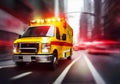 A yellow ambulance with blue lights going at high speed on the street