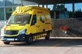 Yellow ambulance car , ambulance outside Hospital emergency department.