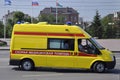Yellow ambulance car on the street of Tyumen.