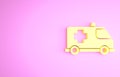 Yellow Ambulance and emergency car icon isolated on pink background. Ambulance vehicle medical evacuation. Minimalism