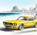 Yellow american classic muscle car on the beach in the summer Royalty Free Stock Photo