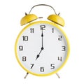 Yellow analog alarm clock showing seven o`clock isolated on white background Royalty Free Stock Photo